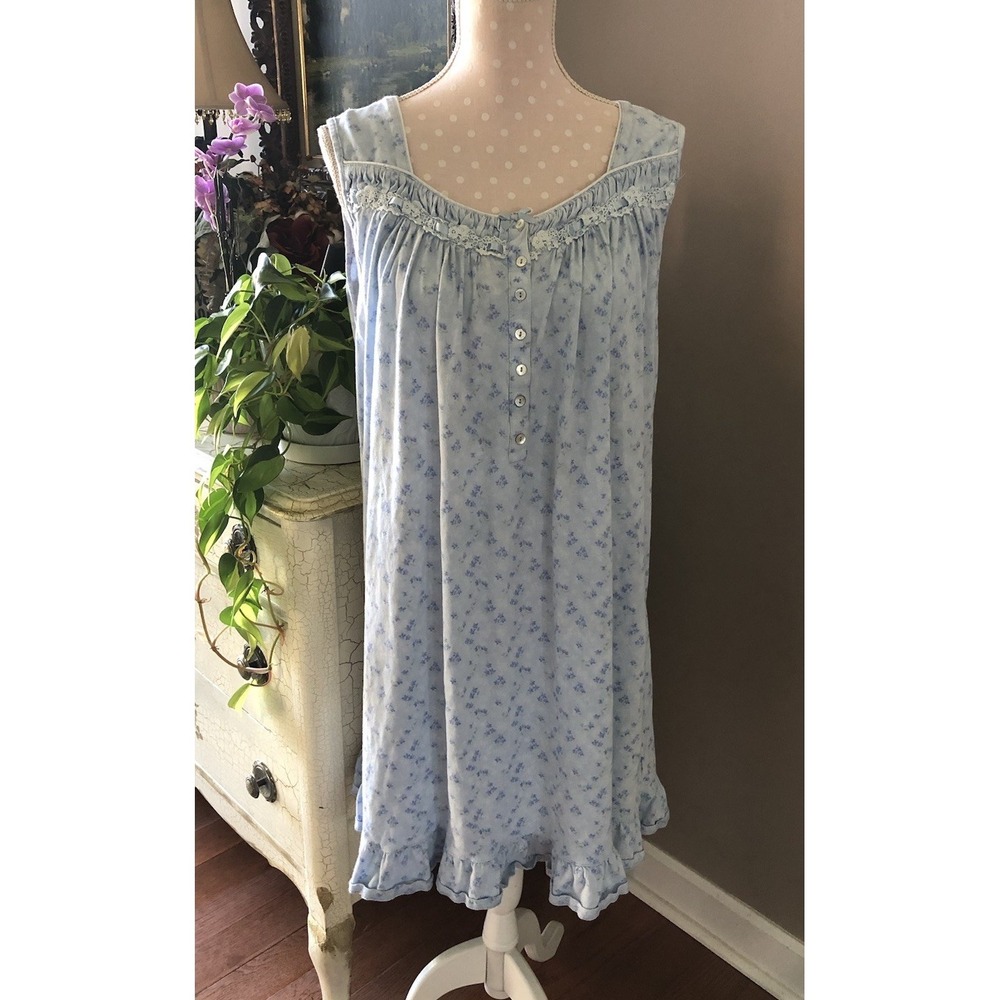 EILEEN WEST Blue Jersey Knit Nightgown Size XL 100% Cotton Sleeveless Ruffle